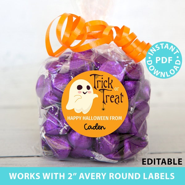 Halloween Labels Printable Avery 2" Round Labels Customizable Editable text Halloween treat sticker Ghost Printable Favor Sticker Template