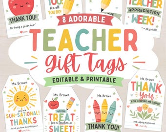 Teacher Appreciation Gift Tags Printable, Thank You Teacher Tags, Cute School Gift Tag, Editable Set, Appreciation Week Favor