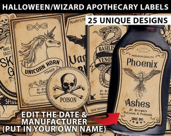 Apothecary Labels Printables, Halloween Potion Bottle Labels Stickers, Editable, Vintage Halloween Decorations, Wizard, INSTANT DOWNLOAD