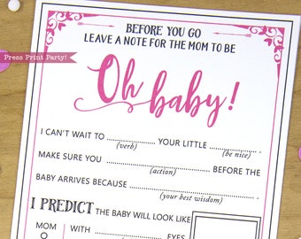 Baby Shower Mad Libs Advice Card, Baby Girl, Hot Pink, Mom-to-be Funny Advice Card, Baby Shower Games, Oh Baby, Activity,  INSTANT DOWNLOAD