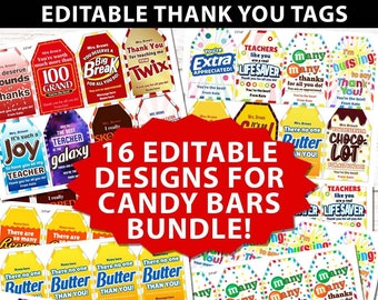 16 Candy Bar Thank You Gift Tags Bundle Editable Printable Teacher Appreciation Week Nurse Staff Driver Assitant Chocolate Favor Basket