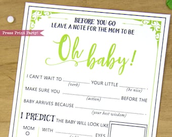 Baby Shower MadLibs Advice Card, Baby Girl or boy, Green, Mom-to-be Funny Advice Card, Baby Shower Games, Oh Baby, Neutral, INSTANT DOWNLOAD