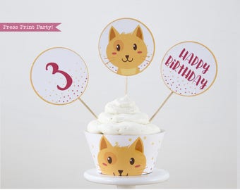Boy Cat Party Cupcake Toppers and Wrapper Printable, Cat Cupcake Wrapper, Cat Cupcake Topper, Kitten birthday, Kitty Cat birthday, Boy Party