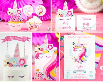 Unicorn Birthday Party Printables, Magical Unicorn Invite, Banner, Party Favor Box, Hats, Unicorn Party Decor, Rainbow, INSTANT DOWNLOAD