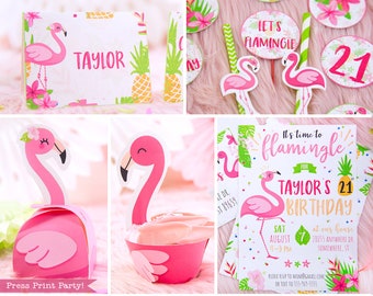 Tropische Flamingodekorationen Druckbare Geburtstags-Partyzubehör, rosa tropischer Flamingo, bearbeitbares Party Kit, einige SVGs, INSTANT DOWNLOAD