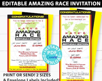 The Amazing Race Party Invitation Printable, Editable, Route Marker, envelope labels, 2 sizes, Print or Send Digitally, INSTANT DOWNLOAD