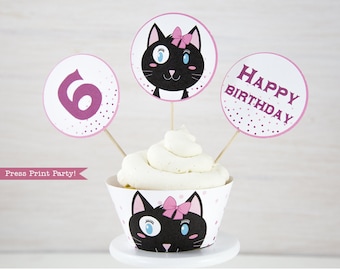 Cat Party Cupcake Toppers and Wrapper Printable, Cat Cupcake Wrapper, Cat Cupcake Toppers, Kitten birthday, Kitty Cat birthday, Girl Party