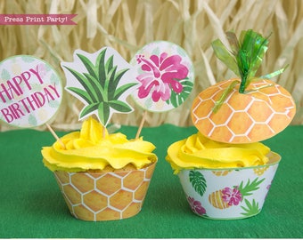 Pineapple Cupcake Wrappers Printable, Hawaiian Party Decor Printables, Luau Cupcake Toppers, Party like Pineapple, INSTANT DOWNLOAD