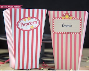 Popcorn Box Printable, Movie Night Popcorn Box, Movie Night Gift Basket with Name, Red and White Stripes, Birthday party, INSTANT DOWNLOAD