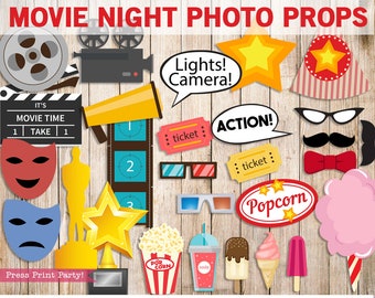 Movie Night Props, Printable Photo Booth, Birthday Party, Oscar, Camera, Clapper, Hat, Cotton Candy, Popcorn, Movie Reel, INSTAND DOWNLOAD