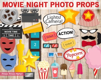 Movie Night Props, Printable Photo Booth, Birthday Party, Oscar, Camera, Clapper, Hat, Cotton Candy, Popcorn, Movie Reel, INSTAND DOWNLOAD