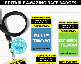 Insignias editables del equipo The Amazing Race Party imprimibles, 5 colores, 2 tamaños, cordones, clip en la insignia del equipo, tarjetas de identificación del juego, DESCARGA INSTANTÁNEA