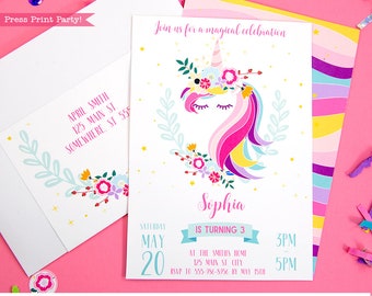 Unicorn Invitation Printable, Unicorn Party, Unicorn Birthday Invitation, Editable, Rainbow Unicorn, pdf, invite, INSTANT DOWNLOAD