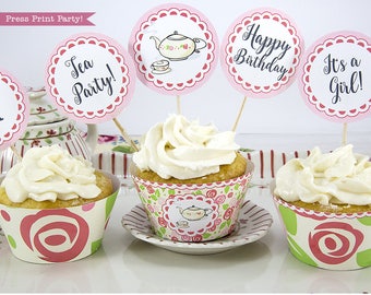 Tea Party Cupcake Toppers and Cupcake Wrappers Printables, Tea Party Cupcake wraps, Tea Party Supplies, Roses, INSTANT DOWNLOAD