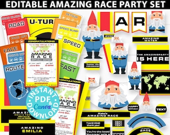 The Amazing Race Party Printables, Invitation, Cards, Decorations, Editable Clue Cards, Badges, Gnome, Map, Route Marker, INSTANT DOWNLOAD