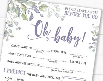 Baby Shower Mad Libs, Printable Baby Shower Game, Advice Card, Baby Shower Activity, Boy, Girl, Greenery & Purple, Oh Baby, INSTANT DOWNLOAD