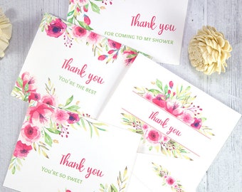 Wedding Thank You Cards with Envelope, Printable Template Pack, 4 Watercolor Pink Florals Design, Editable, Garden Wedding, INSTANT DOWNLOAD