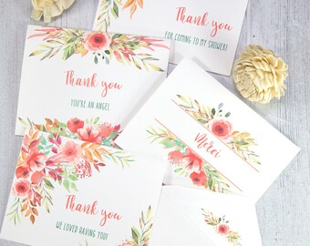 Wedding Thank You Cards with Envelopes, Printable Template Set,  4 Watercolor Peach Flower design, Editable, Bridal Shower, INSTANT DOWNLOAD