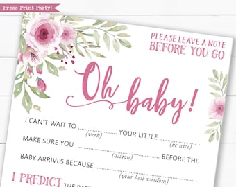 Pode incluir: Um cartão de jogo de chá de bebê imprimível rosa e branco com o texto "Oh baby!" e instruções para os convidados preencherem os espaços em branco com previsões sobre o bebê. O cartão apresenta um design floral em aquarela.