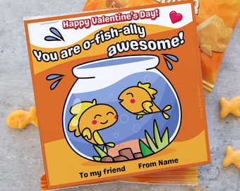 May include: A printable Valentine's Day card featuring a goldfish bowl with two goldfish inside. The card says "Happy Valentine's Day! You are o-fish-ally awesome!" and has space for a name and a message. The card is designed to be printed and given to a friend.