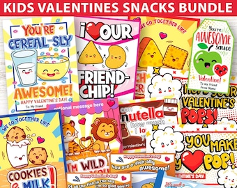 CLASSROOM Valentines Tags Bundle Food Valentines Kids Printable Valentine Cards Personalized Teacher Valentines Snacks School Valentine Tags