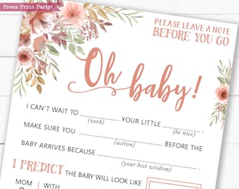 Baby Shower Mad Libs, Printable Baby Shower Games, Advice Card, Baby Shower Activities, Boy, Girl, Peach flowers, Oh Baby, INSTANT DOWNLOAD
