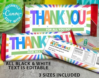 Thank You Chocolate Bar Wrap Printable Teacher Appreciation Week Gift for Staff Volunteer  Chocolate Editable Favor 3 Sizes Nutrition Facts