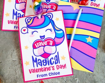 Unicorn Valentine Card Printable Lollipop Holder School Classmate Gift Friend Classroom Exchange Tag Cute Rainbow Valentine's Day Kid Gift