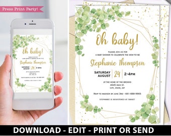 Custom Baby Shower Invitation Printable Kit, Eucalyptus Baby Shower Decorations, Eucalyptus Printable Baby Shower Invitation, EDITABLE