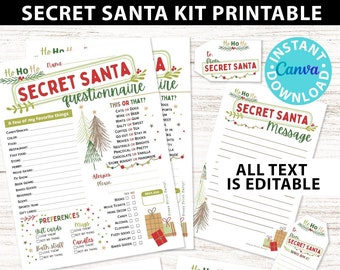 Secret Santa Questionnaire Printable Template Kit for Coworkers Editable Secret Santa Gift Exchange Santa Tags Secret Santa Invitation Flyer