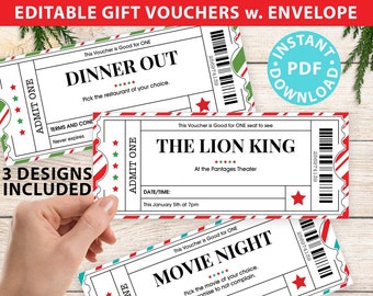 EDITABLE Christmas Voucher Template w. Envelope, Christmas Coupons Printable, Event Ticket Template, Gift Voucher, INSTANT DOWNLOAD