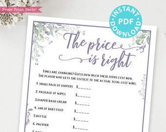 The Price is Right Baby Shower Game Printable,Greenery & Purple Baby Shower Game Template, Funny Activity, Rustic, Girl, INSTANT DOWNLOAD