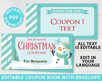 EDITABLE Christmas Coupon Book Printable Template, From Santa Gift Idea, Editable Blank Coupons, Last Minute Gift for Kids, INSTANT DOWNLOAD