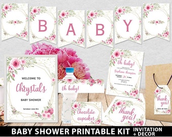 Baby Shower Printable Decoration Kit, Girl Baby Shower Template Bundle, Pink Floral Baby girl decor, Oh Baby Invitation, INSTANT DOWNLOAD