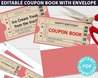 Printable Coupon Book Template, Tickets, Custom Birthday Coupons Book Gift Idea, Homemade Blank Editable Coupon Book, INSTANT DOWNLOAD
