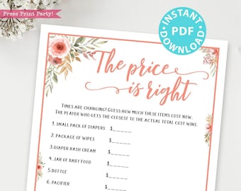 The Price is Right Baby Shower Game Printable, Peach Flowers Baby Shower Game Template, Funny Activity, Rustic, Baby Girl, INSTANT DOWNLOAD