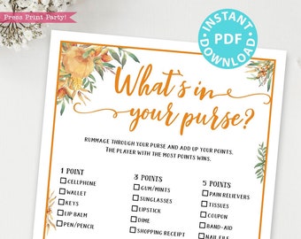 Little Pumpkin What's in Your Purse Baby Shower Game Printable, Game Template, Funny Shower Activities, Fall Rustic, INSTANT DOWNLOAD