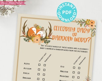 Woodland Theme Celebrity Baby Shower Game Printable, Forest Animals Baby Shower Game Template, Activities, Rustic Fox, INSTANT DOWNLOAD