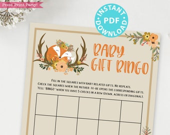 Woodland Theme Baby Bingo Baby Shower Game Printable, Gift Bingo, Activities, Forest Animals, Fall Rustic, Fox, Template,  INSTANT DOWNLOAD