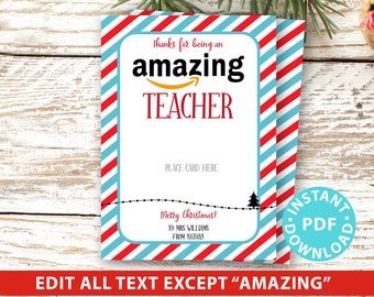 EDITABLE Amazon Gift Card Holder Christmas Printable Template, 5x7", Thank you for being an Amazing Teacher, Friend, Stripe INSTANT DOWNLOAD