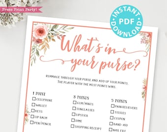 What's in Your Purse Baby Shower Game Printable, Bridal Shower Game Template, Peach Flowers, Funny Shower Activity, Rustic, INSTANT DOWNLOAD