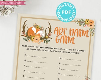 Woodland Baby Shower ABC Baby Shower Name Game Printable, Forest Animals, Baby Shower Game Template, Activities, Girl, Boy, INSTANT DOWNLOAD