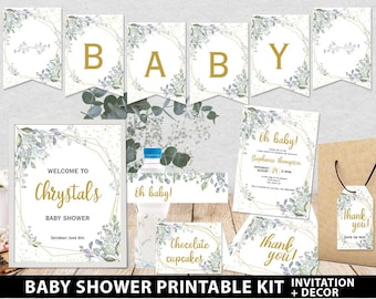 Baby Shower Printable Decoration Kit, Girl Baby Shower Template Bundle, Greenery Baby girl decor, Oh Baby Invitation, INSTANT DOWNLOAD