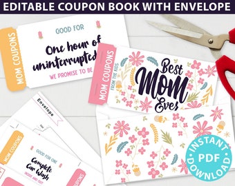 MOM Coupon template Printable Book, Mother's Day Coupon Book Personalized Gift Idea, Editable Blank Coupon, Diy, INSTANT DOWNLOAD