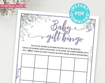 Baby Gift Bingo Baby Shower Game Printable, Greenery & Purple Baby Shower Game Template, Funny Baby Shower Activity, Girl, INSTANT DOWNLOAD