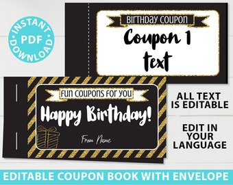 Editable Coupon Book Template Printable Birthday Gift Idea, Gold Blank Coupon Book, last minute gift for her, w. Envelope, INSTANT DOWNLOAD