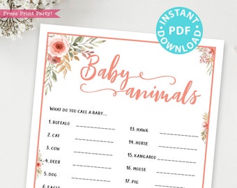 Baby Animals Baby Shower Game Printable, Peach Flowers Baby Shower Game Template, Funny Baby Shower Activities, Girl, INSTANT DOWNLOAD