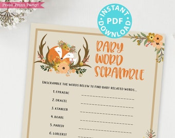 Woodland Theme Baby Word Scramble Baby Shower Game Printable, Template, Forest Animals, Fox, Deer, Activities, Fall Rustic, INSTANT DOWNLOAD