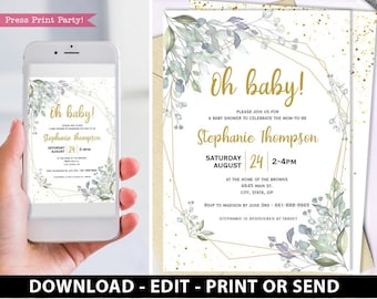 Baby Shower Invitation and Decoration Bundle, Editable Invitation & Decorations Printables, Modern Greenery Gender Neutral, INSTANT DOWNLOAD