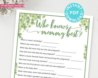 Eucalyptus Who Knows Mommy Best Baby Shower Game Printable, Baby Shower Game Template, Funny Baby Shower Activities, INSTANT DOWNLOAD
